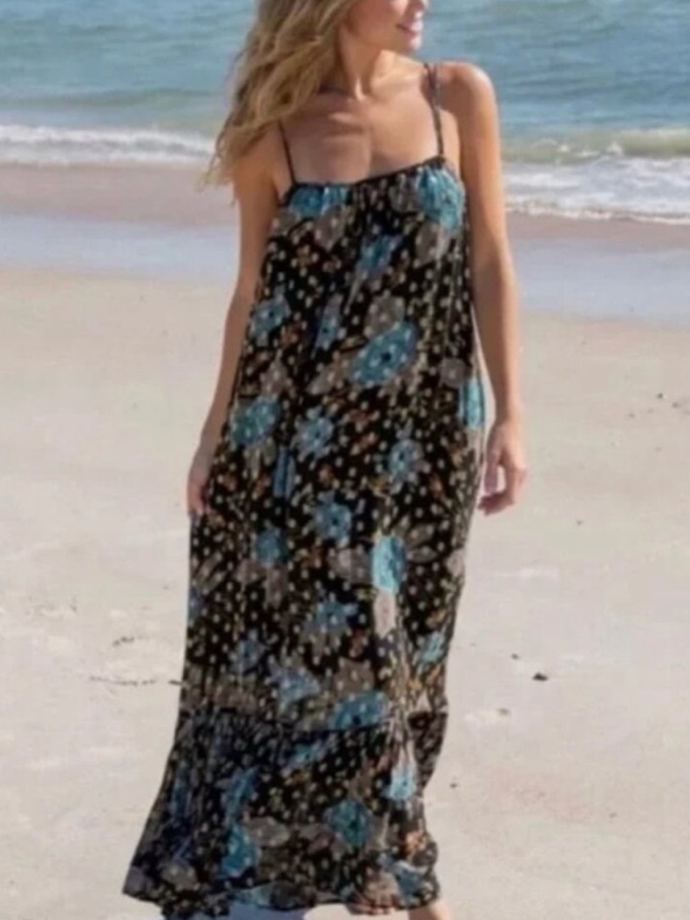 NWT - NATURAL LIFE Black Maxi Dress with Blue Floral Print